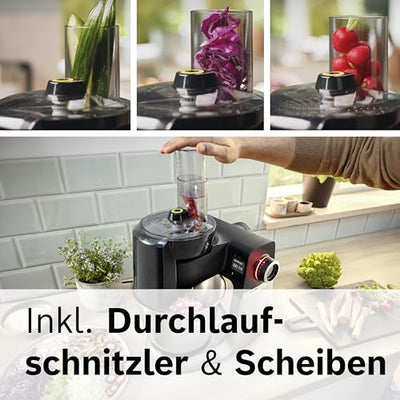 Bosch Küchenmaschine Serie 6 MUMS6ZS13D, NEU, Automatikprogramme, integr.1g Waage, 5,5l Schüssel, Durchlaufschnitzler, Scheiben, Knethaken/Rührbesen/Silikonbesen, spülm.fest, 1.600 W, silber/schwarz