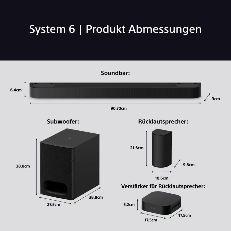 Sony BRAVIA Theatre System 6 (5.1-Kanal-Surround Sound, 1000 W, inkl. Rücklautsprecher & Subwoofer, Dolby Atmos, DTS:X, AI Voice Zoom 3 mit BRAVIA TV, DSEE, Multi-Stereo-Party-Modus) Schwarz