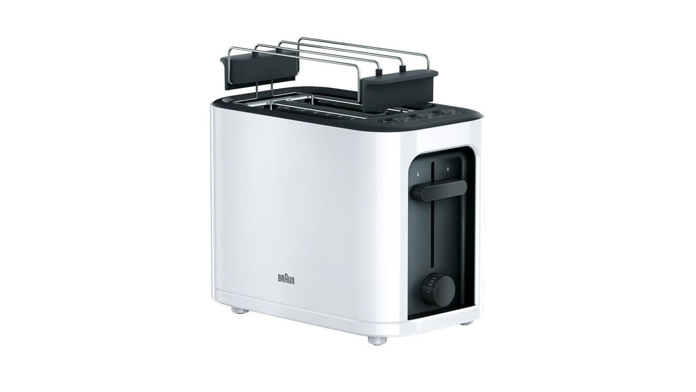 Braun HT 3010 WH Toaster | Doppelschlitz | Herausnehmbare Krümelschublade | Aufwärm- und Auftaufunktion | 7 Röstgrade | Separater Brötchenaufsatz | Weiß