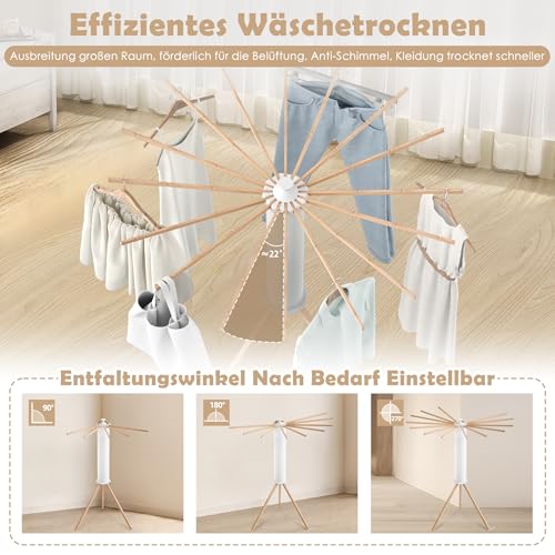 UISEBRT Wäscheständer Tragbar Trockengestell Faltbar Octopus Wäscheständer mit Holzstange Platzsparend Trockenständer für Drinnen Bodenwäscheständer Turmwäscheständer für Balkon Schlafzimmer