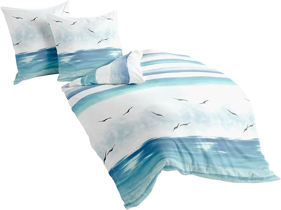 Traumschlaf Biber Bettwäsche flauschig-weich-kuschelig im Maritimen Look mit Reißverschluss 135x200 cm + 80x80 cm