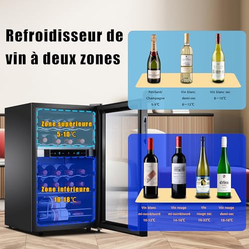 Kalamera Weinkühlschrank 2 Zonen, Touch-Bedienfeld,Schwarze Glastür, Verdeckter Griff, Flaschenkühlschrank 20 Flaschen, 68Liter, 5-18°C Kühlzone, KRC-68BFG