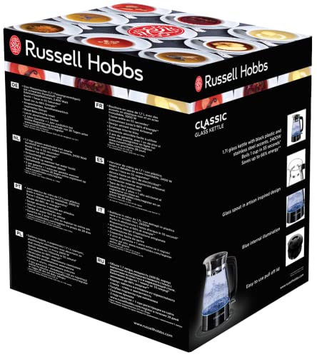 Russell Hobbs Wasserkocher [1,7l, 2400W, optimierte Design-Ausgusstülle aus Glas, LED-Beleuchtung] Classic Design (Schnellkochfunktion, abnehmbarer Deckel, Kalkfilter,Boden aus Edelstahl)26080-70
