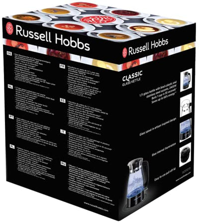 Russell Hobbs Wasserkocher [1,7l, 2400W, optimierte Design-Ausgusstülle aus Glas, LED-Beleuchtung] Classic Design (Schnellkochfunktion, abnehmbarer Deckel, Kalkfilter,Boden aus Edelstahl)26080-70