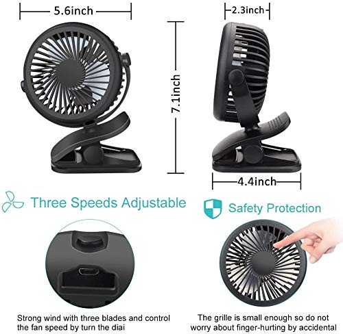 Mini USB Ventilator, Telgoner Leise Clip Tischventilator mit Wiederaufladbare Batterie, 3 Geschwindigkeitsstufen, 360 Drehbare Einstellbare Geschwindigkeiten für Schlafzimmer Büro Kinderwagen Camping