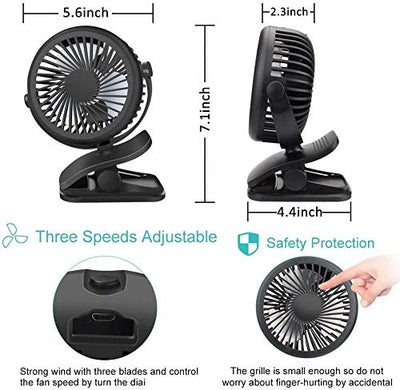 Mini USB Ventilator, Telgoner Leise Clip Tischventilator mit Wiederaufladbare Batterie, 3 Geschwindigkeitsstufen, 360 Drehbare Einstellbare Geschwindigkeiten für Schlafzimmer Büro Kinderwagen Camping