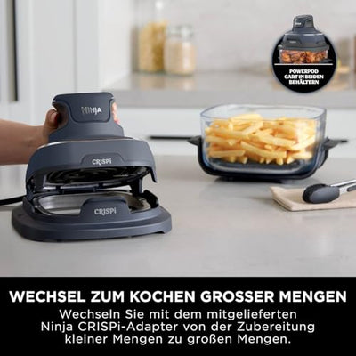 Ninja CRISPi tragbare Airfryer Heißluftfritteuse, 3,8 l, 4-in-1: Heißluftfrittieren, Braten, Warmhalten, Recrisp, kompakt, 6 Portionen, 2x herausnehmbare Glasbehälter & Deckel, 1.700 W, Grau FN101EUGY