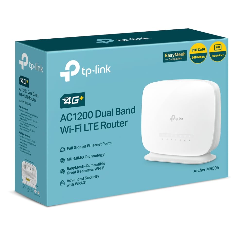 TP-Link Archer MR505 LTE Router, 4G+ Router unterstützt SIM Karten, 4G+ Cat6 bis zu 300Mbps, WLAN Dual-Band AC1200, Gigabit-LAN/WAN-Anschlüsse, Plug and Play, bis zu 64 Geräte, Gast-Netzwerk