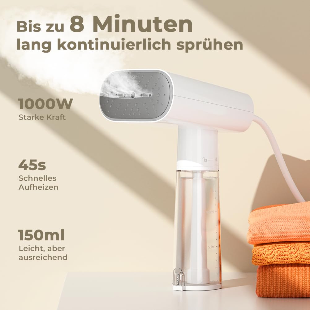 Vpcok Direct Steamer Dampfglätter Reise 1000W Dampfbürste mit 150ML Tank für vertikales, horizontales Dampf, Tragbares Handbügeleisen Dampfbügel schnelles Aufheizen, Faltenentfernung für Kleidung