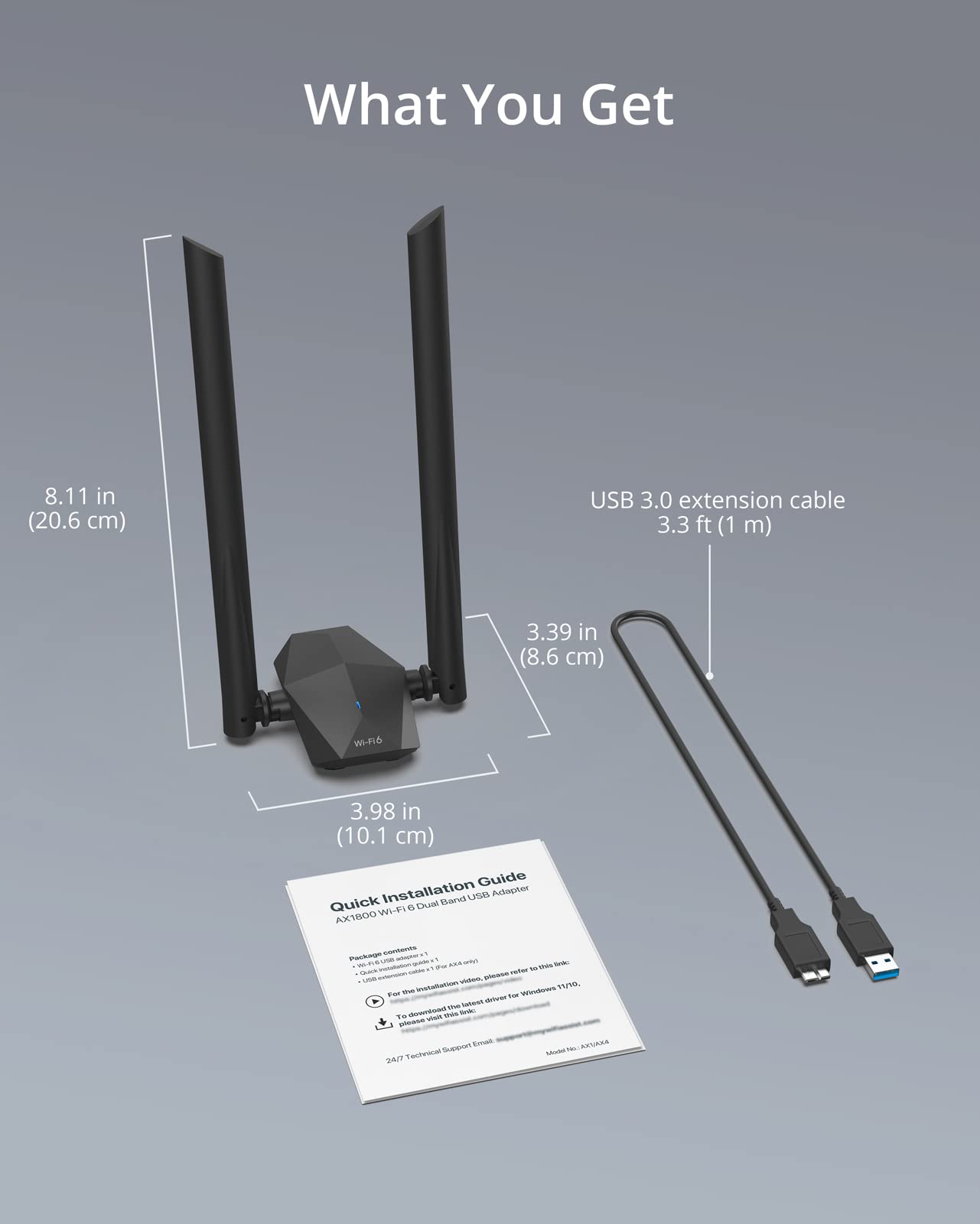 BrosTrend AX1800 High Gain WLAN Stick für PC, WiFi 6 Stick hohe Reichweite, DualBand 1201Mbit/s 5GHz + 574Mbit/s 2.4GHz, USB WLAN Adapter Langstrecken mit Zwei 5dBi-Antennen, NUR für Windows 10/11