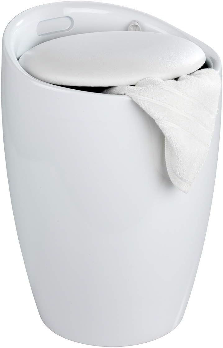 WENKO Badhocker Mod. Candy Weiß, Hocker mit Stauraum für das Badezimmer und Wohnzimmer, integrierter Wäschesammler, ABS-Kunststoff, BPA-frei, Fassungsvermögen 20 L, Ø 36 x 50,5 cm