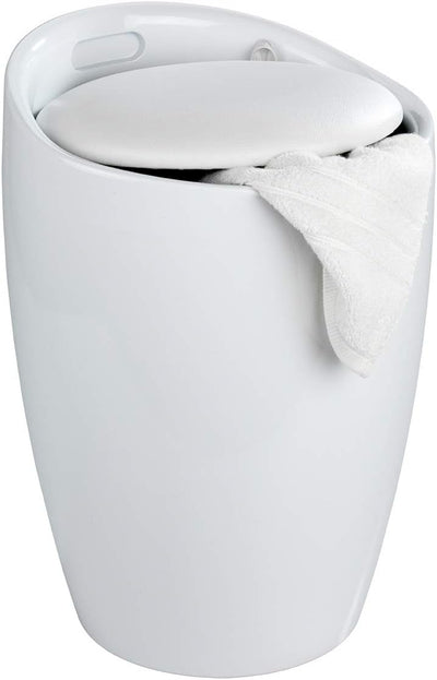 WENKO Badhocker Mod. Candy Weiß, Hocker mit Stauraum für das Badezimmer und Wohnzimmer, integrierter Wäschesammler, ABS-Kunststoff, BPA-frei, Fassungsvermögen 20 L, Ø 36 x 50,5 cm
