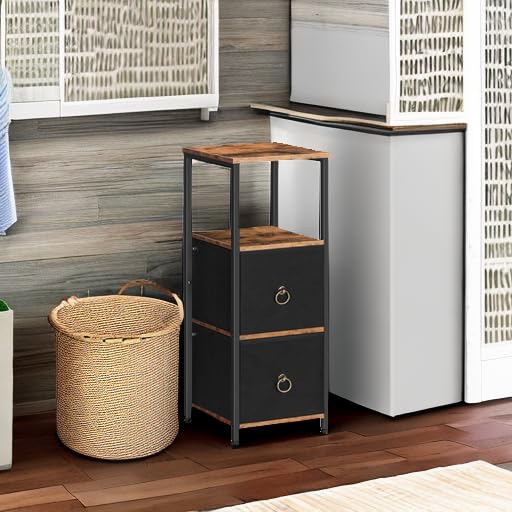 HOOBRO Badezimmerschrank, freistehendes Aufbewahrungsregal für Badezimmer, schmaler Aufbewahrungsschrank, multifunktionaler Hochschrank, 2 Stoffschubladen, Vintagebraun und Schwarz EBF87CW01