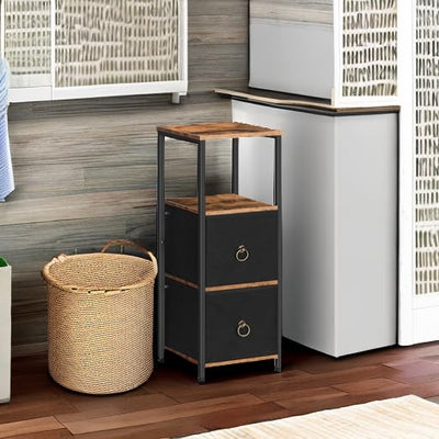 HOOBRO Badezimmerschrank, freistehendes Aufbewahrungsregal für Badezimmer, schmaler Aufbewahrungsschrank, multifunktionaler Hochschrank, 2 Stoffschubladen, Vintagebraun und Schwarz EBF87CW01
