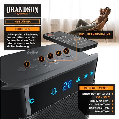 Brandson - Heizlüfter mit Fernbedienung energiesparend leise - Keramik-Heizlüfter Badezimmer - Oszillationsfunktion - 2x Heizstufen - Timer - Heizung Heater - hohe Sicherheit