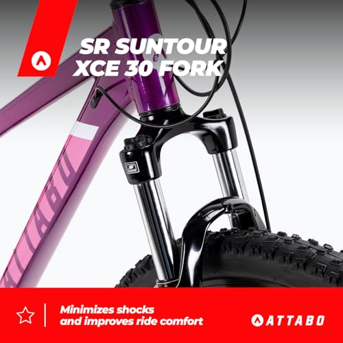 ATTABO Damen Fahrrad Alpe 3.0 mit Aluminiumrahmen 15" Ergonomischer Lenker Hydraulische Scheibenbremsen Lila Mountainbike mit 29" Rädern mit Zubehör Verstellbarer Sattel 24-Gang Schaltung