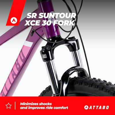 ATTABO Damen Fahrrad Alpe 3.0 mit Aluminiumrahmen 15" Ergonomischer Lenker Hydraulische Scheibenbremsen Lila Mountainbike mit 29" Rädern mit Zubehör Verstellbarer Sattel 24-Gang Schaltung