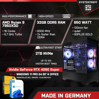 SYSTEMTREFF High-End Gaming PC AMD Ryzen 9 7950X3D 16x5.7GHz | Nvidia GeForce RTX 4080 Super 16GB DX12 | 2TB M.2 NVMe | 32GB DDR5 RAM | WLAN Desktop Computer Rechner für Gamer, Zocker & Streamer