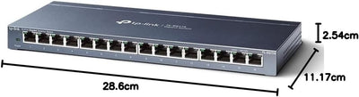TP-Link TL-SG116 16-Ports Gigabit Netzwerk Switch (32 Gbit/S Switching-Kapazität, geschirmte RJ-45 Ports, Metallgehäuse, IGMP-snooping, Unmanaged, Plug-und-Play, lüfterlos) blau metallic