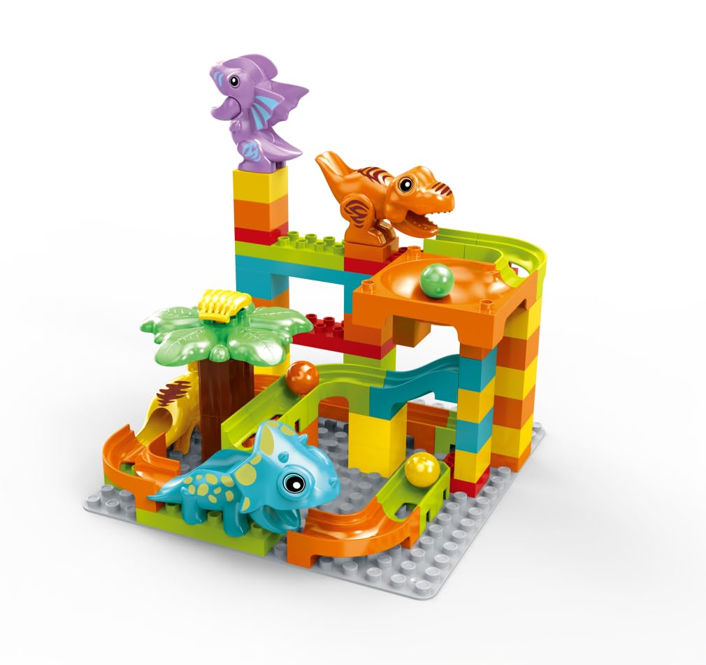 burgkidz Murmelbahn Bauklötze Dinosaurier Set, 78-teiliges Interaktive Kugelbahnen Labyrinth Spiel Kompatibel Konstruktionsspielzeug, STEM Pädagogisches Geschenk für Kinder Alter von 3+ Jahren