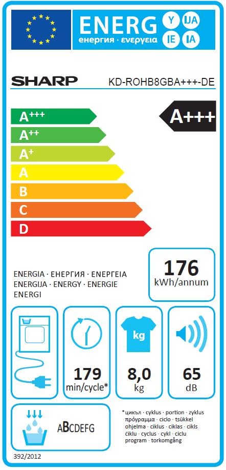Sharp KD-ROHB8GBA+++-DEWärmepumpentrockner / A+++ / 8 kg / 15 Programme inkl. 30 min Kurzprogramm / BubbleDrum-Schontrolmmel mit LED-Trommelbeleuchtung / Ablaufschlauch / Schwarz