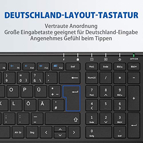 iClever Kabellose Tastatur, wiederaufladbare 2,4 GHz Funk Tastatur, Deutsches QWERTZ Layout, für Computer/Desktop/PC/Laptop/Chrome OS und Windows 10/8/7, Schwarz