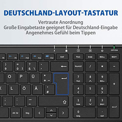 iClever Kabellose Tastatur, wiederaufladbare 2,4 GHz Funk Tastatur, Deutsches QWERTZ Layout, für Computer/Desktop/PC/Laptop/Chrome OS und Windows 10/8/7, Schwarz