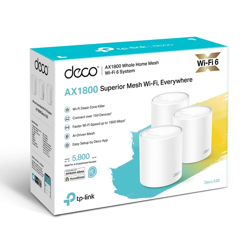 TP-Link Deco X20 Mesh WLAN Set (3 Pack), Wi-Fi 6 AX1800 Dual Band Router & Repeater, 2x Gigabit Ports für jede Einheit, empfohlen für Häuser mit 4-6 Schlafzimmern, Umfassender Jugendschutz, WPA3