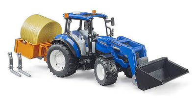 bruder 02187 - New Holland T5.120 mit Frontlader, Ladekasten, Gabeln und Rundballen - 1:16 Traktor, Fahrzeuge, Bauernhof, Bulldog