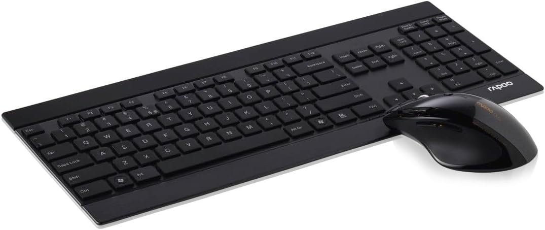 Rapoo 8900P kabelloses Tastatur-Maus Set Wireless Deskset 1600 DPI Laser Sensor 12 Monate Batterielaufzeit ergonomisch für Rechtshänder DE-Layout QWERTZ PC & Mac - schwarz