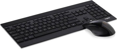 Rapoo 8900P kabelloses Tastatur-Maus Set Wireless Deskset 1600 DPI Laser Sensor 12 Monate Batterielaufzeit ergonomisch für Rechtshänder DE-Layout QWERTZ PC & Mac - schwarz