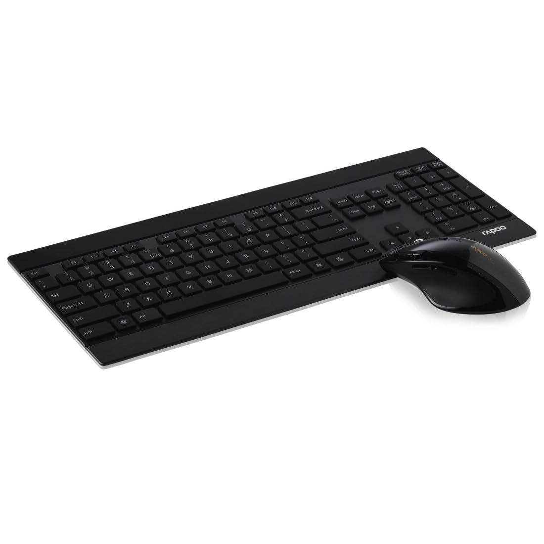 Rapoo 8900P kabelloses Tastatur-Maus Set Wireless Deskset 1600 DPI Laser Sensor 12 Monate Batterielaufzeit ergonomisch für Rechtshänder DE-Layout QWERTZ PC & Mac - schwarz