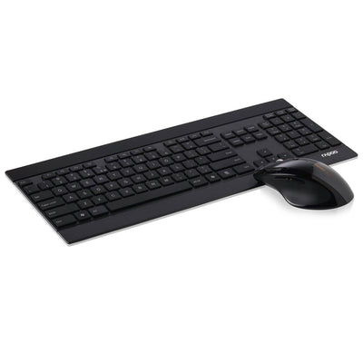 Rapoo 8900P kabelloses Tastatur-Maus Set Wireless Deskset 1600 DPI Laser Sensor 12 Monate Batterielaufzeit ergonomisch für Rechtshänder DE-Layout QWERTZ PC & Mac - schwarz