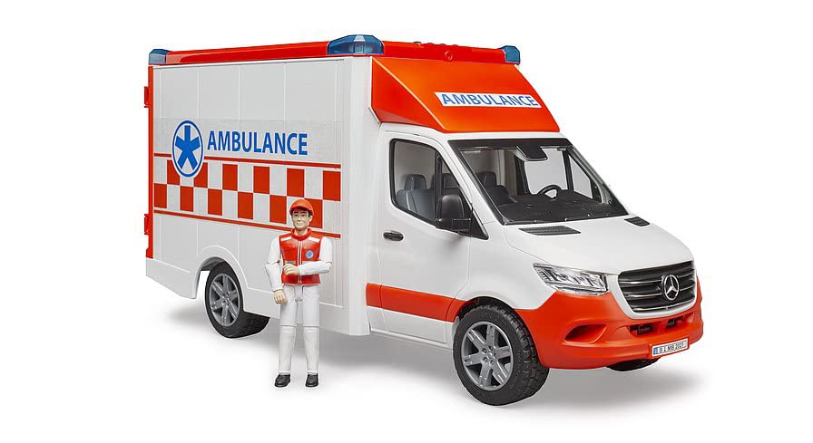 bruder 02676 - Mercedes-Benz Sprinter Ambulanz integriertes Light & Sound Modul Krankentrage Fahrer Einsatzfahrzeug Sanitäter Rettungswagen Rettungs-Dienst bworld 1:16