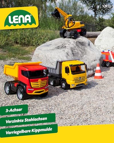 Lena 02031 - Riesen Muldenkipper Mercedes Benz Actros, Kipplaster ca. 63 cm, großer Kipper mit 3 Achsen & verriegelbarer Kippmulde, Baustellen Spielfahrzeug für Kinder ab 3 Jahre, Rot, Gelb, Schwarz