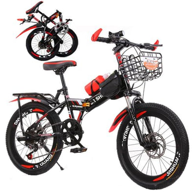 Wmmner Mountain Bikes Citybike aus Karbonstahl, 45,7 cm / 50,8 cm / 55,9 cm / 22 / 24 Zoll, Klapprad, Gangschaltung, mit Doppelscheibenbremse für Erwachsene, Kinder, Jugendliche, Schwarz und Rot