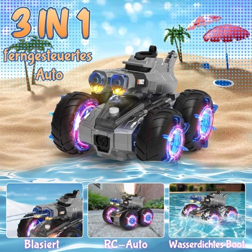 funnykid 3-in-1 RC Panzer 4WD Amphibienfahrzeug mit Wasserkanonen, LED-Lichtern & 2 Akkus (45+ Min Laufzeit) – Ferngesteuertes Auto für Kinder 6 7 8 9 10 11 12, Geländewagen für Land & Wasser
