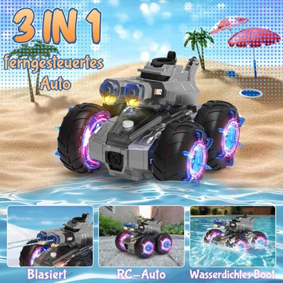 funnykid 3-in-1 RC Panzer 4WD Amphibienfahrzeug mit Wasserkanonen, LED-Lichtern & 2 Akkus (45+ Min Laufzeit) – Ferngesteuertes Auto für Kinder 6 7 8 9 10 11 12, Geländewagen für Land & Wasser