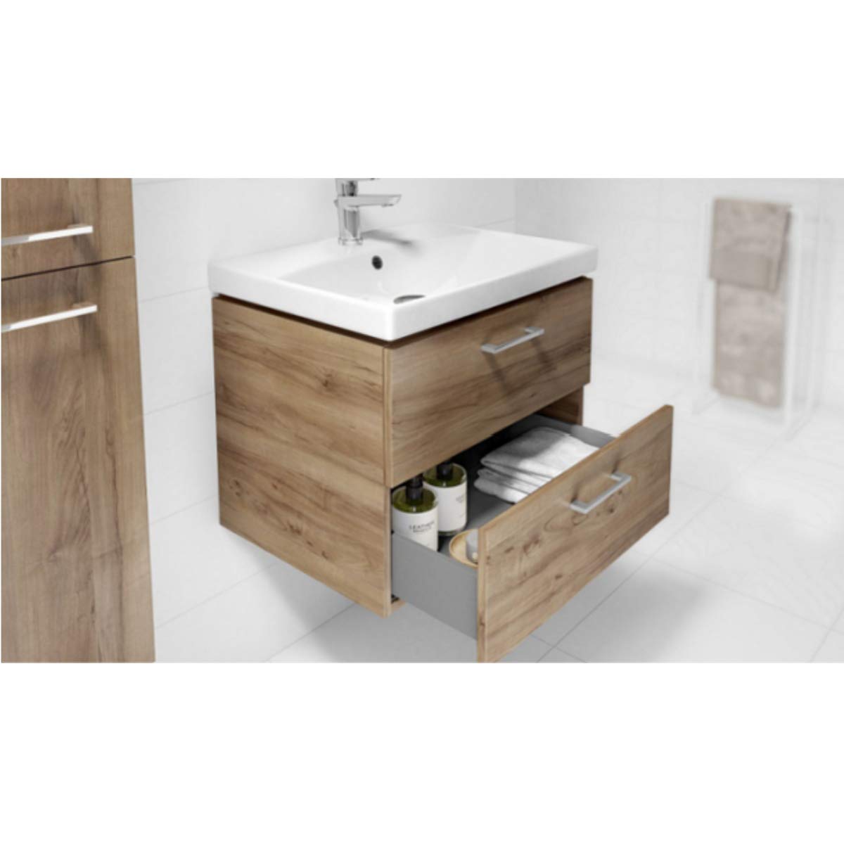 VBChome Waschtischunterschrank 60 cm Waschbecken mit Unterschrank 2 Schubladen Nussbaum Badmöbel weiß Hochglanz Badezimmermöbel hängend