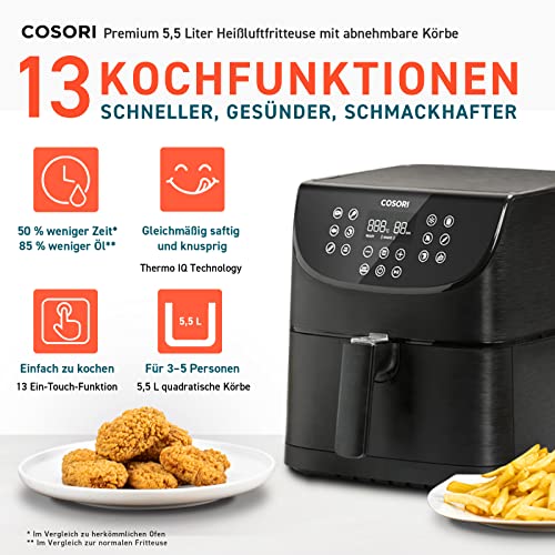 COSORI Heißluftfritteuse Airfryer, 11-in-1 Air Fryer XXL 5,5L, Friteuse Heissluftfritteuse mit Shake-Reminder, 100 Rezepte, 55 Prozent energiesparend, spülmaschinenfeste Körbe