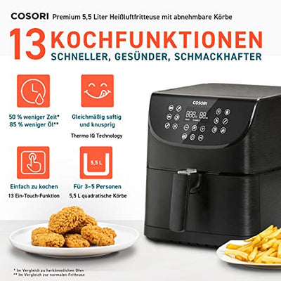 COSORI Heißluftfritteuse Airfryer, 11-in-1 Air Fryer XXL 5,5L, Friteuse Heissluftfritteuse mit Shake-Reminder, 100 Rezepte, 55 Prozent energiesparend, spülmaschinenfeste Körbe