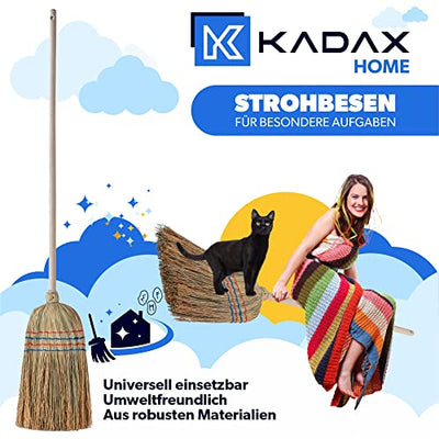 KADAX Reisstrohbesen, Reisigbesen, Besen mit langem Stiel aus Holz, funktionaler Strohbesen, Besen aus Sorgogras, Hexenbesen, Hofbesen aus Reisstroh (L: 140 cm)