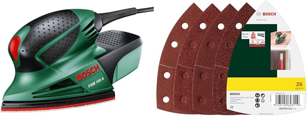 Bosch DIY Multischleifer PSM 100 A, 3 Schleifblätter K 80/ K 120/ K 160, 25tlg. Schleifblatt Set, Koffer (100 W, Schwingzahl 26.000 min-1, Schwingkreis-Ø 1,4 mm)