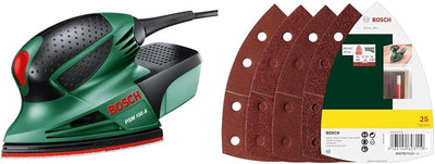 Bosch DIY Multischleifer PSM 100 A, 3 Schleifblätter K 80/ K 120/ K 160, 25tlg. Schleifblatt Set, Koffer (100 W, Schwingzahl 26.000 min-1, Schwingkreis-Ø 1,4 mm)