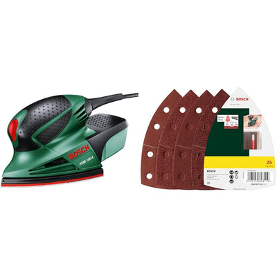 Bosch DIY Multischleifer PSM 100 A, 3 Schleifblätter K 80/ K 120/ K 160, 25tlg. Schleifblatt Set, Koffer (100 W, Schwingzahl 26.000 min-1, Schwingkreis-Ø 1,4 mm)