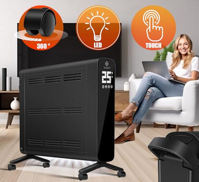 KESSER® Konvektor Premium 1200W ECO 2400W Power Mode Heizstufen Thermostat Elektroheizung WiFi App & Fernbedienung Touch-Display Timer mobiles Heizgerät Energiesparend Überhitzungsschutz Schwarz