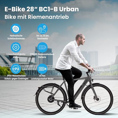 AsVIVA E-Bike BC1-B 28 Zoll – Pedelec Elektrofahrrad mit 250W Bafang Heckmotor, 10,5Ah Akku, Riemenantrieb, hydraulische Scheibenbremsen, LED-Beleuchtung, USB-Ladefunktion