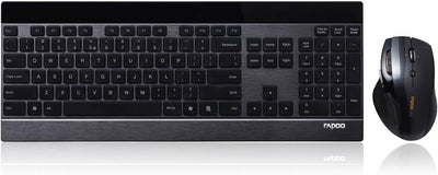 Rapoo 8900P kabelloses Tastatur-Maus Set Wireless Deskset 1600 DPI Laser Sensor 12 Monate Batterielaufzeit ergonomisch für Rechtshänder DE-Layout QWERTZ PC & Mac - schwarz