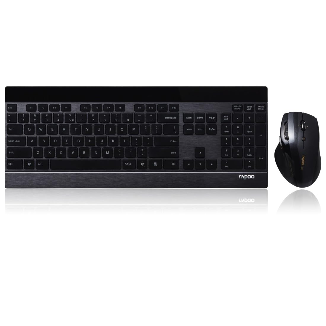 Rapoo 8900P kabelloses Tastatur-Maus Set Wireless Deskset 1600 DPI Laser Sensor 12 Monate Batterielaufzeit ergonomisch für Rechtshänder DE-Layout QWERTZ PC & Mac - schwarz