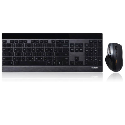 Rapoo 8900P kabelloses Tastatur-Maus Set Wireless Deskset 1600 DPI Laser Sensor 12 Monate Batterielaufzeit ergonomisch für Rechtshänder DE-Layout QWERTZ PC & Mac - schwarz